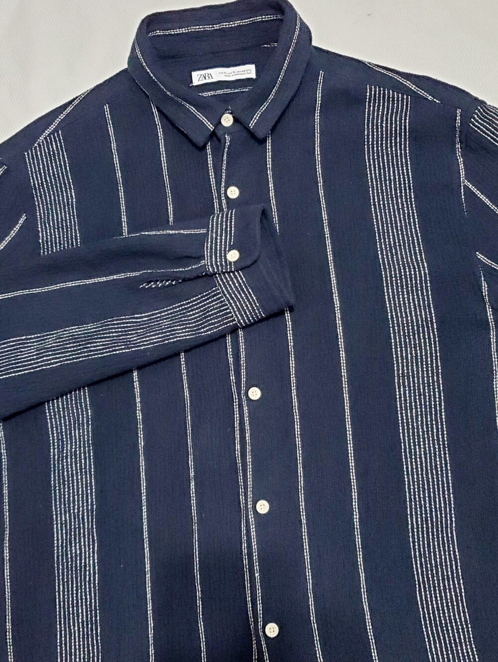 Zara Mens Navy Long-Sleeve Vertical Stripe Button-Down Shirt Size XL